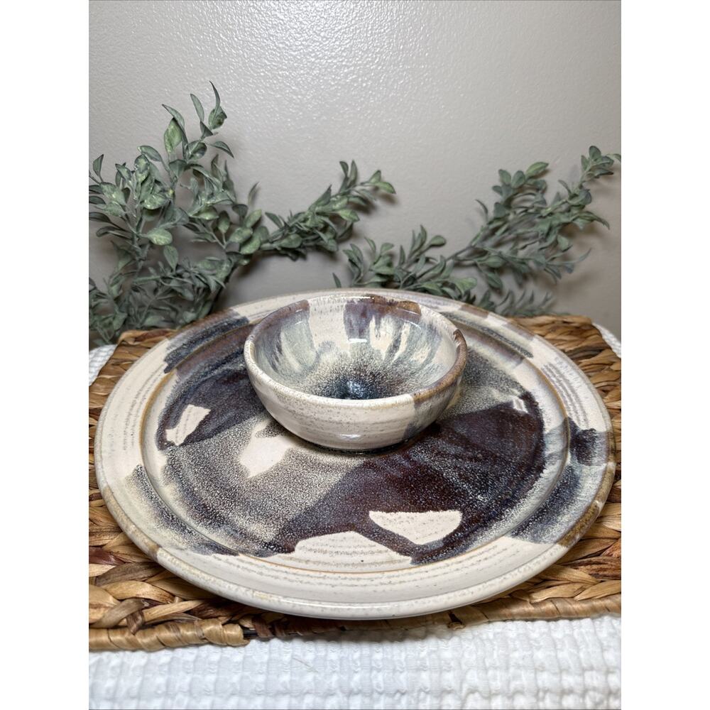 VTG Signed Studio Art Pottery Chip, Dip Bowl Stoneware Platter Crystalline 12.5” - Picture 9 of 9